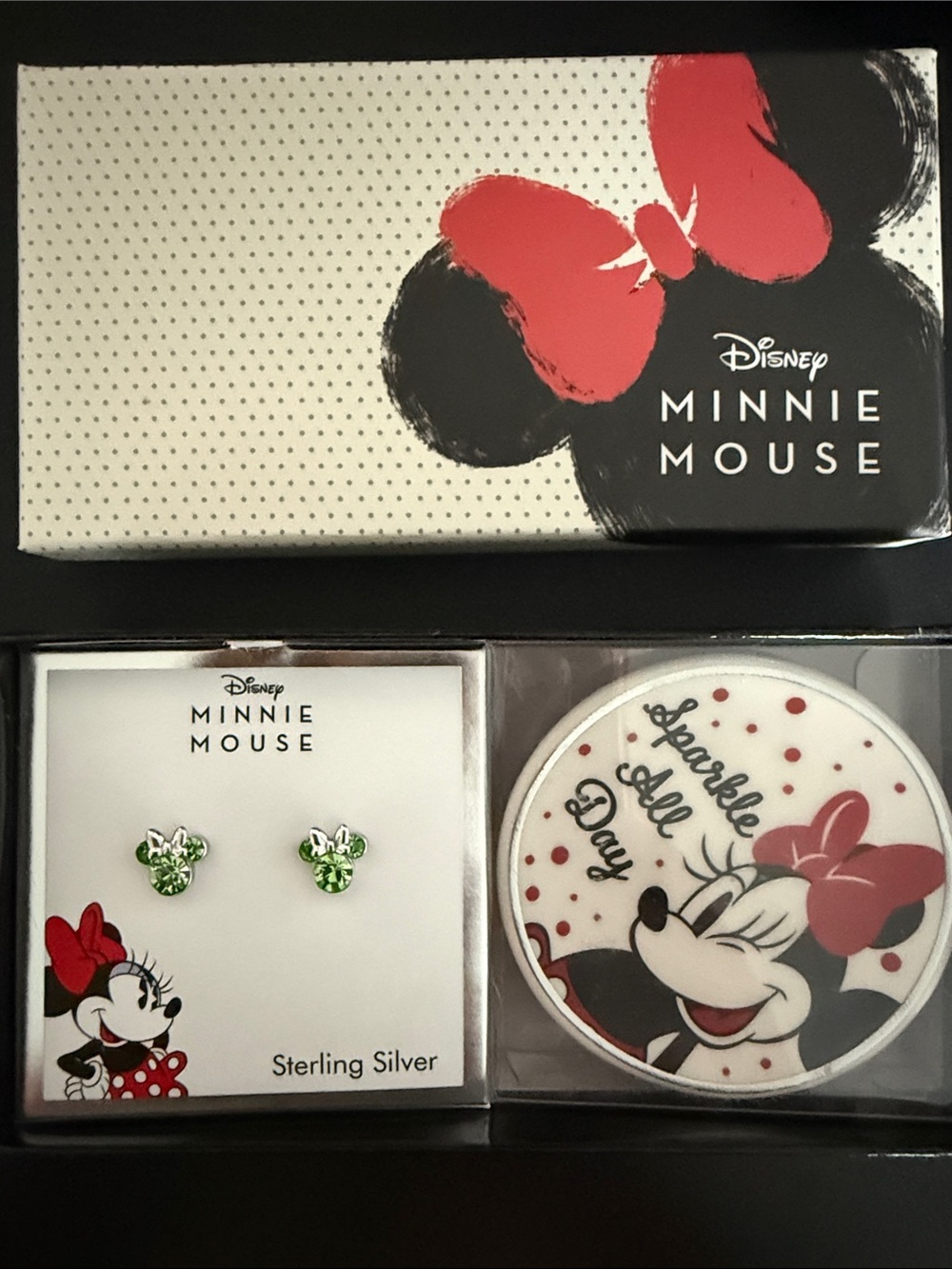 Disney Minnie Mouse Sterling Silver Peridot Stud Earrings Gift Set - August